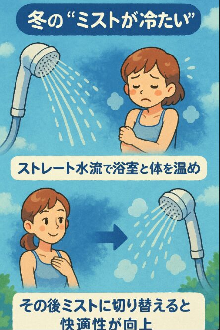冬の“ミストが冷たい”問題と給湯器・水圧の相性対策