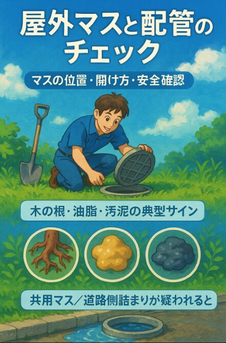 屋外枡と配管のチェック（戸建て向け）