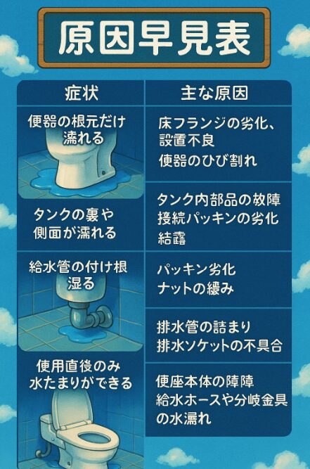 症状から逆引き：じわじわ濡れる時の原因早見表