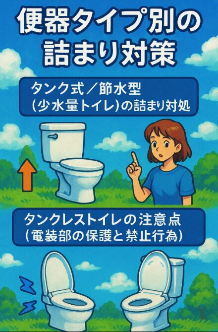 便器タイプ別の詰まり対策と注意点