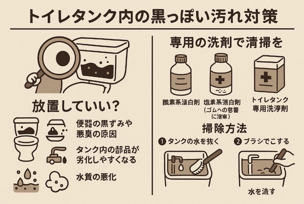 タンク内に黒っぽい汚れが目立ちます。放置しても大丈夫？