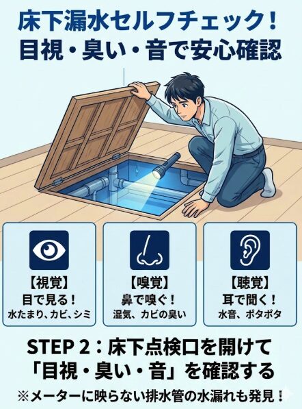 Step-2:-Open-the-inspection-hatch-under-the-floor-and-check-the-"visual,-smell-and-sound"