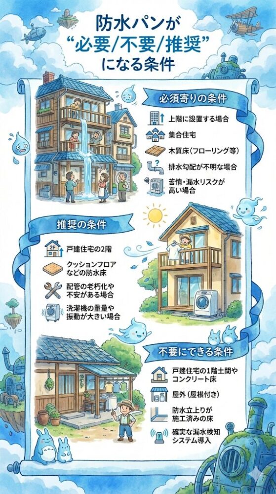 Conditions-under-which-waterproof-pans-are-"necessary/unnecessary/recommended"