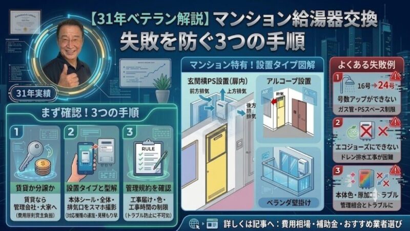 【業界31年が解説】マンション給湯器交換の費用と注意点！失敗を防ぐ3つの手順マンション給湯器交換