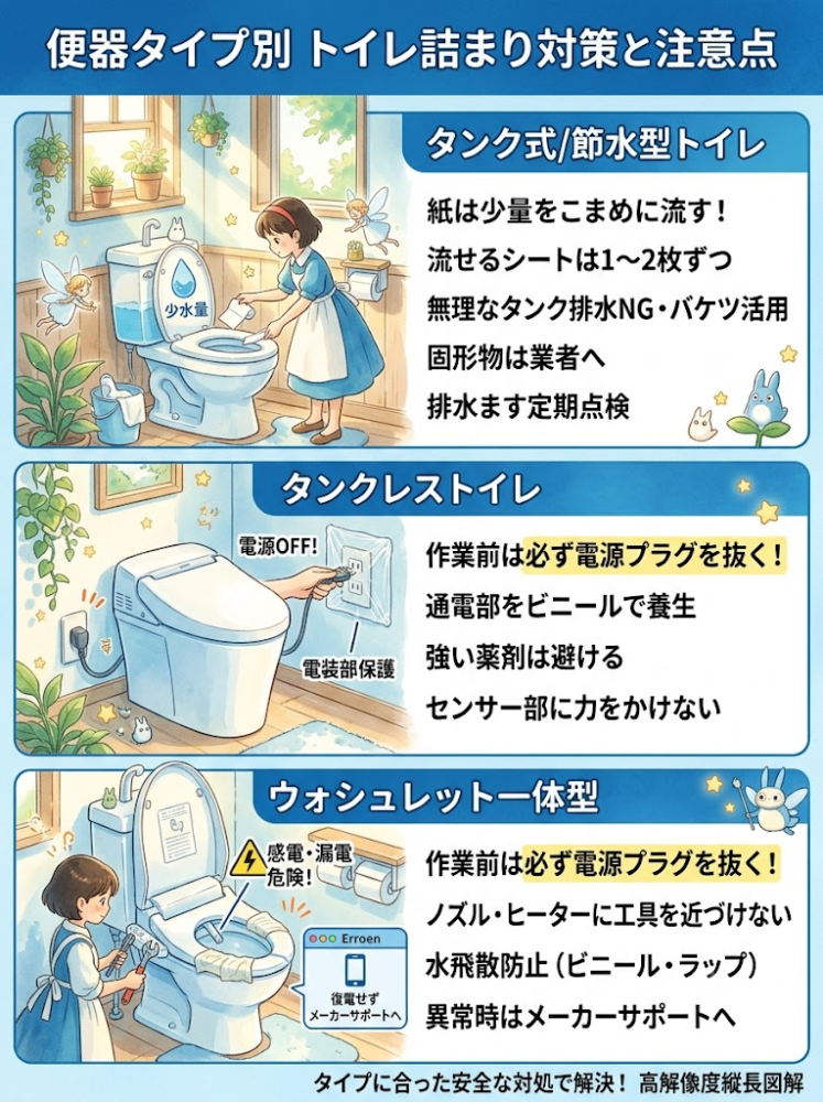 Clog-Remediation-and-Precautions-by-Toilet-Type