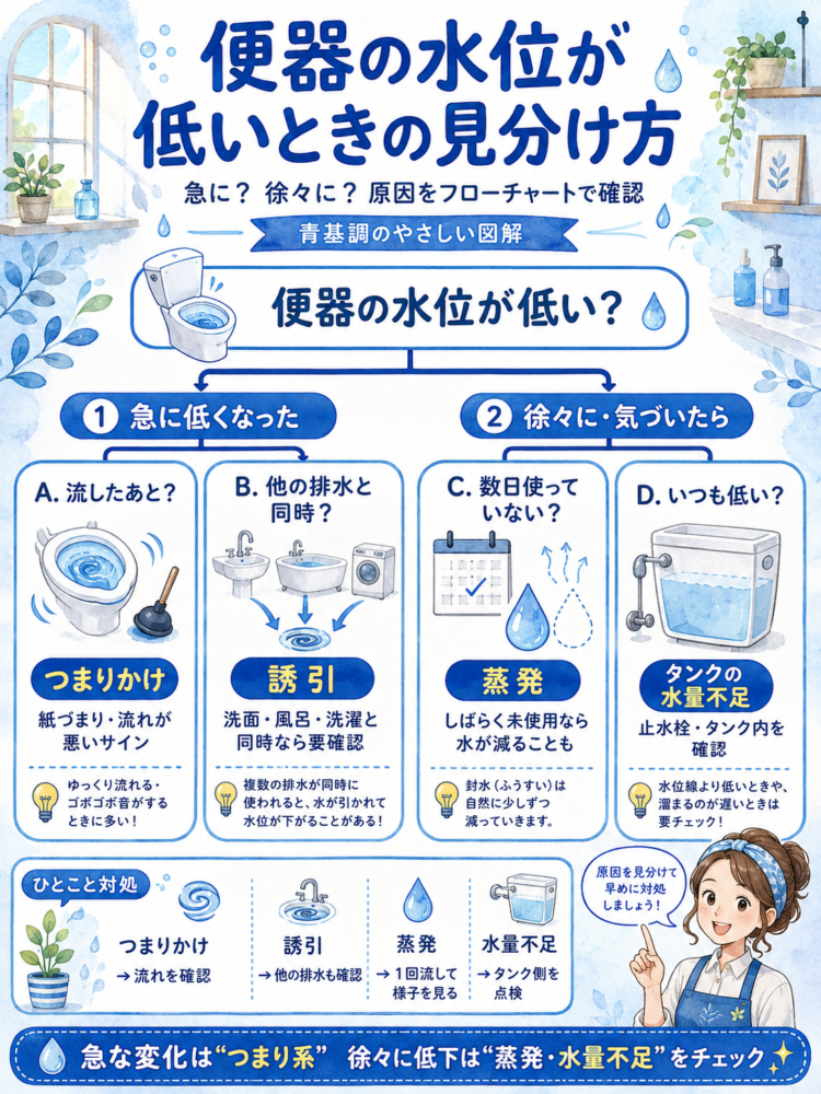 [Diagram-to-be-inserted:-A-decision-tree-flowchart.-"Suddenly-low-level-→-After-flushing?-(Partial-clog)-/-Simultaneous-with-other-drainage?-(Siphonage)";-"Gradually/Noticed-over-time-→-Unused-for-days?-(Evaporation)-/-Always-low?-(Insufficient-tank-water-level)."-A-gentle,-blue-toned-diagram.]