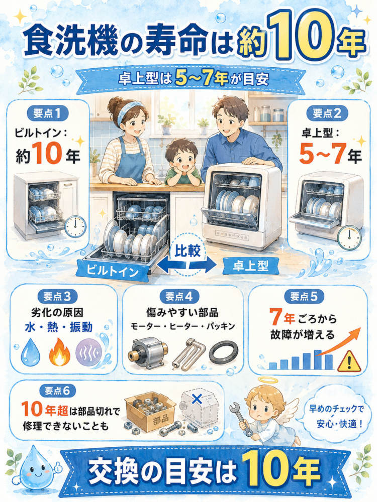 The lifespan of a dishwasher is approximately 10 years (5 to 7 years for countertop models).