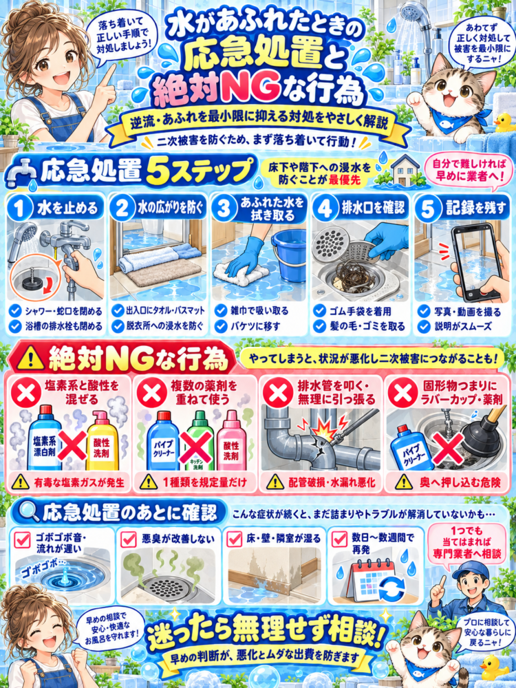 Emergency measures for water overflow and absolute "don'ts"
