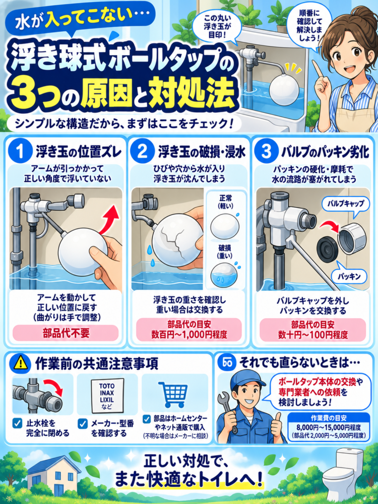 Solution 3: Three causes and solutions for float-type ball taps (Float-type models only)