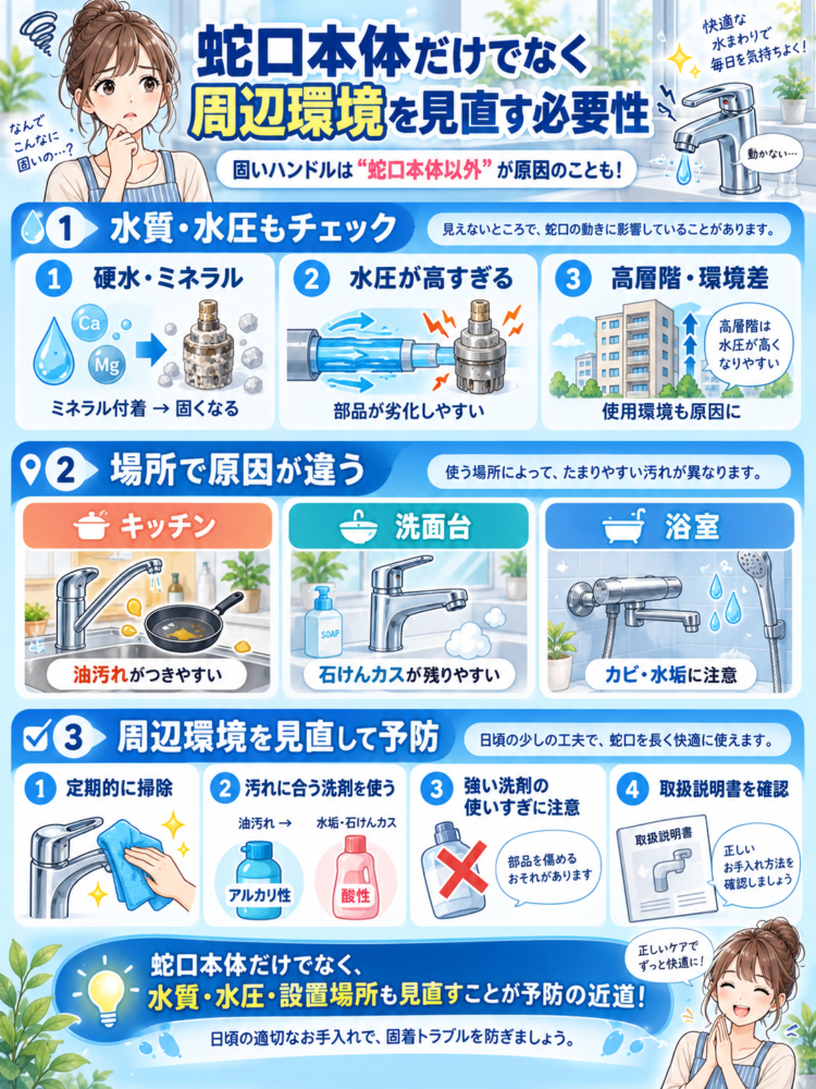 The need to review not only the faucet itself but also the surrounding environment.