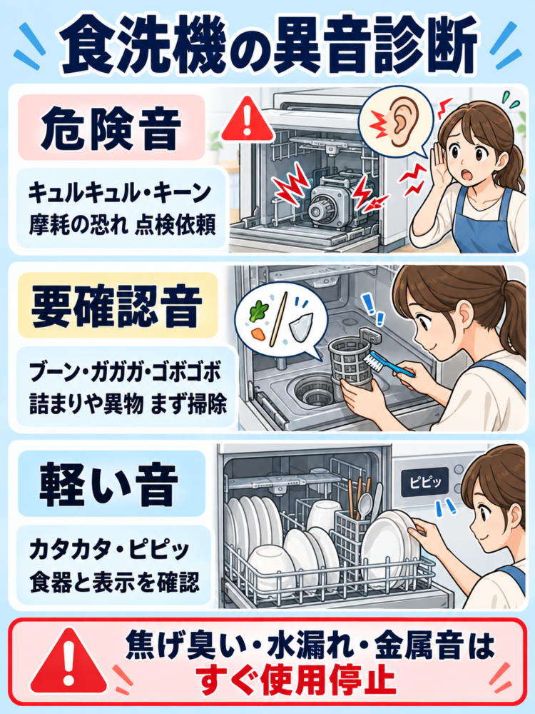 【音の種類別】食洗機の異音の原因と危険度（キュルキュル・キーン・ブーン・カタカタ）