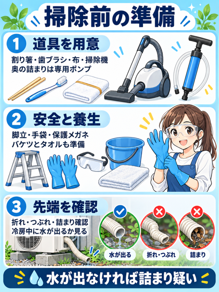 Preparing for cleaning: Gather the tools and check the condition of the hose.